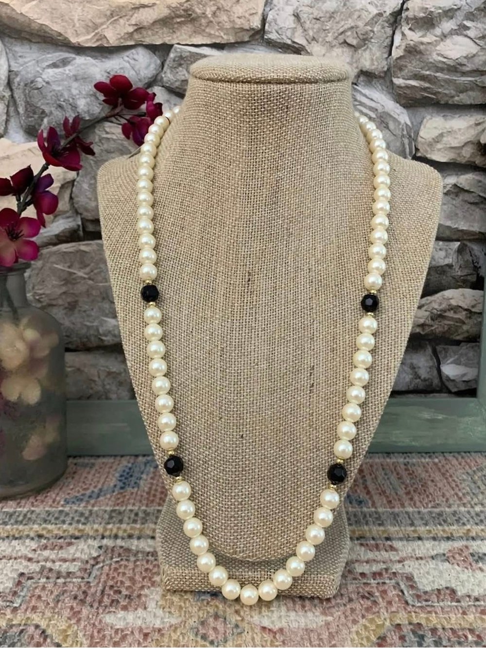 Vintage Signed Marvella Faux Pearl Black Faceted Beads Gold Necklace NOS Tag NWT
